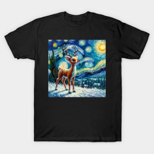 Guiding Starlight: Rudolph's Starry Night - Van Gogh-Inspired Reindeer Art T-Shirt